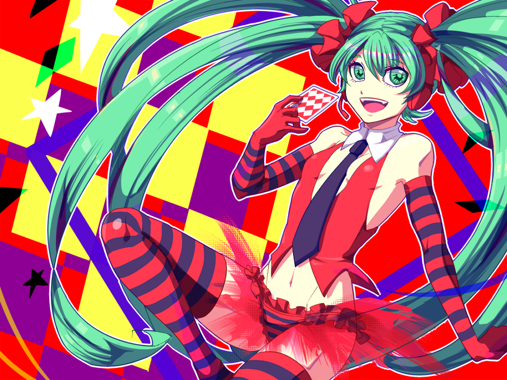 collar elbow_gloves gloves green_eyes green_hair hatsune_miku headset long_hair navel necktie open_mouth panties solo striped striped_gloves striped_legwear striped_panties thighhighs underwear vocaloid