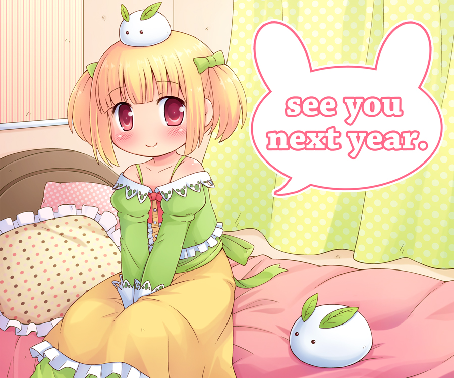 bad_id bad_pixiv_id bare_shoulders bed bedroom blonde_hair blush bow curtains dress english frills hair_bow indoors long_sleeves looking_at_viewer mizuno_mumomo new_year object_on_head on_bed original pants pillow polka_dot red_eyes short_hair smile snow_bunny solo speech_bubble twintails two_side_up