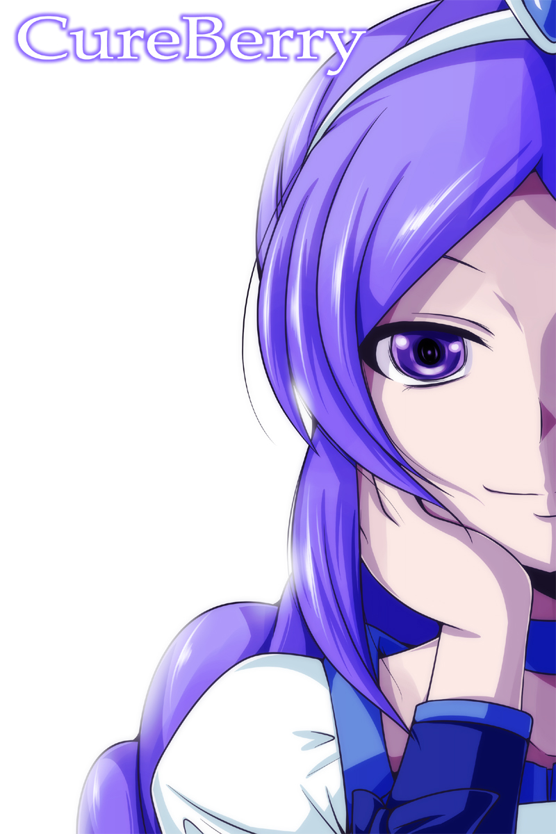 aono_miki bloom blue_choker blue_eyes blue_hair character_name chin_rest choker closed_mouth cure_berry fresh_precure! highres long_hair magical_girl nishi_koutarou out_of_frame portrait precure simple_background smile solo white_background