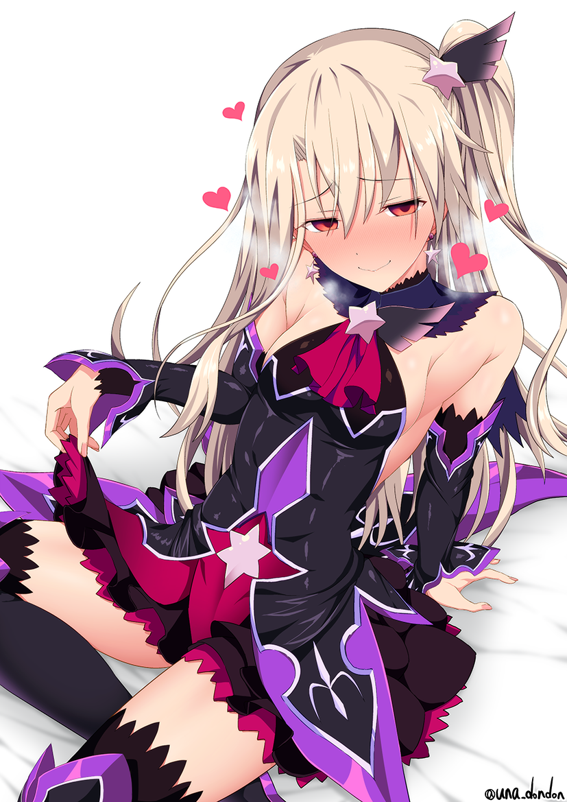 1girl alternate_color bare_shoulders bed blush breasts dress earrings fate/grand_order fate/kaleid_liner_prisma_illya fate_(series) heart illyasviel_von_einzbern jewelry long_hair magical_girl on_bed red_eyes side_ponytail sideboob simple_background sitting sitting_on_bed skirt skirt_lift smile solo star star_earrings thighhighs unadon white_background white_hair zettai_ryouiki