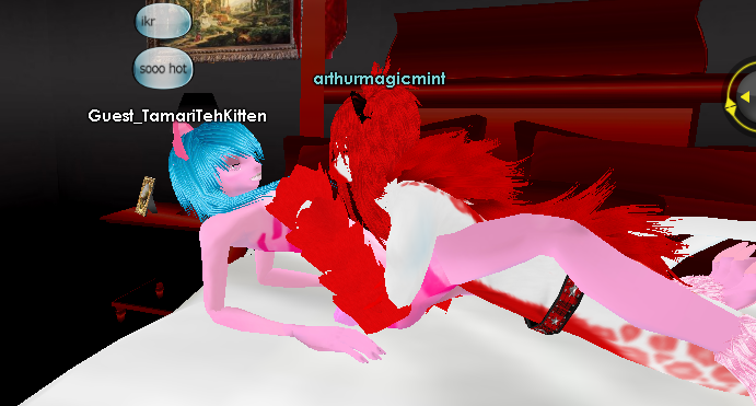 2013 3d anthro bed belt big blue blue_fur breasts canine cat claws closed clothing couple dog eyes eyes_closed feline female fur game hair imvu invalid_background invalid_color long_hair lying male nude on_back pillow pink pink_fur pose straight stripes tamari two_tone_fur video_games white white_fur wolf
