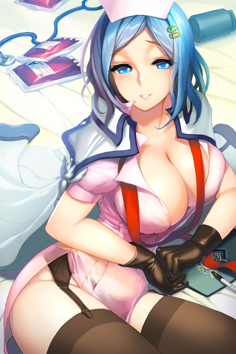 black_gloves black_legwear blood blood_bag blue_eyes blue_hair breasts cape character_request cleavage garter_belt gloves hair_ornament hairclip hat highres large_breasts lips looking_at_viewer nurse nurse_cap parted_lips pen shiny shiny_skin short_hair smile snowball22 solo stethoscope sword_girls thighhighs