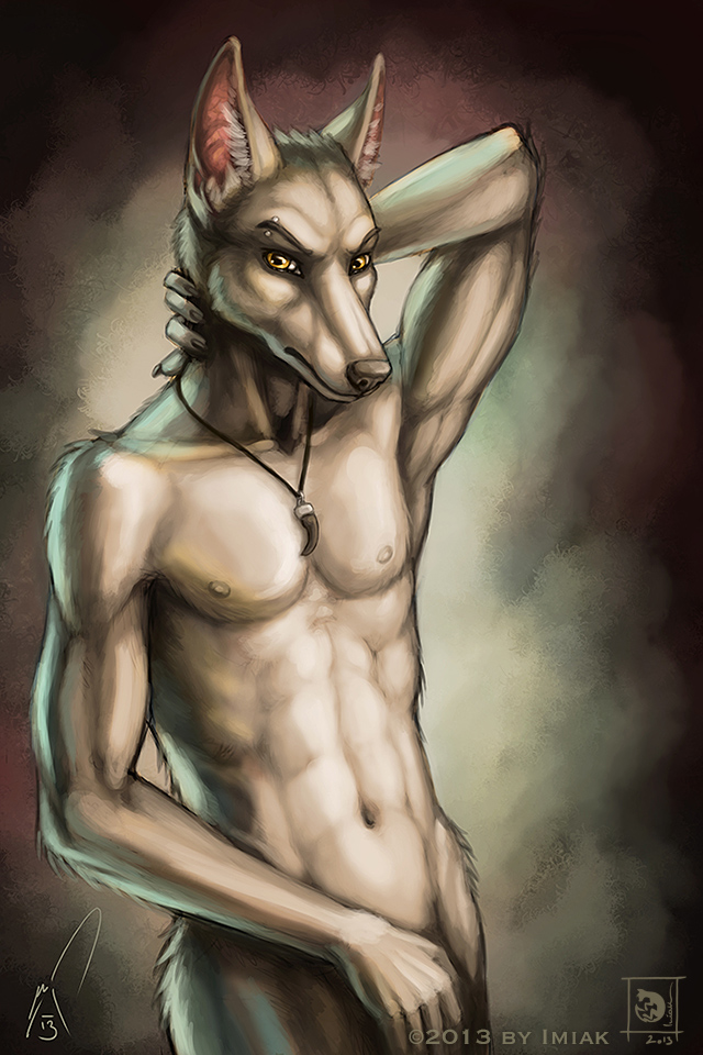 anthro arms_behind_head biceps canine eyebrow_piercing facial_piercing flexing frown fur imiak jackal leaning looking_at_viewer male mammal muscles necklace nipples nude pecs piercing pinup pose solo standing white_fur yellow_eyes