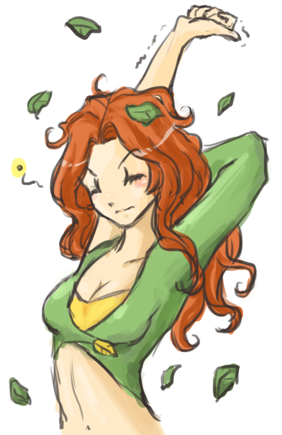 alternate_hairstyle artist_request cleavage_cutout closed_eyes defense_of_the_ancients dota_2 leaf long_hair lyralei red_hair solo white_background