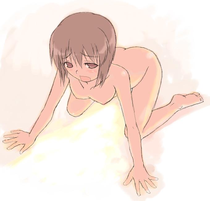 1girl all_fours barefoot bent_over blush breasts brown_eyes brown_hair collarbone feet gradient gradient_background hagiwara_yukiho idolmaster nipples nude open_mouth short_hair small_breasts soles solo toes