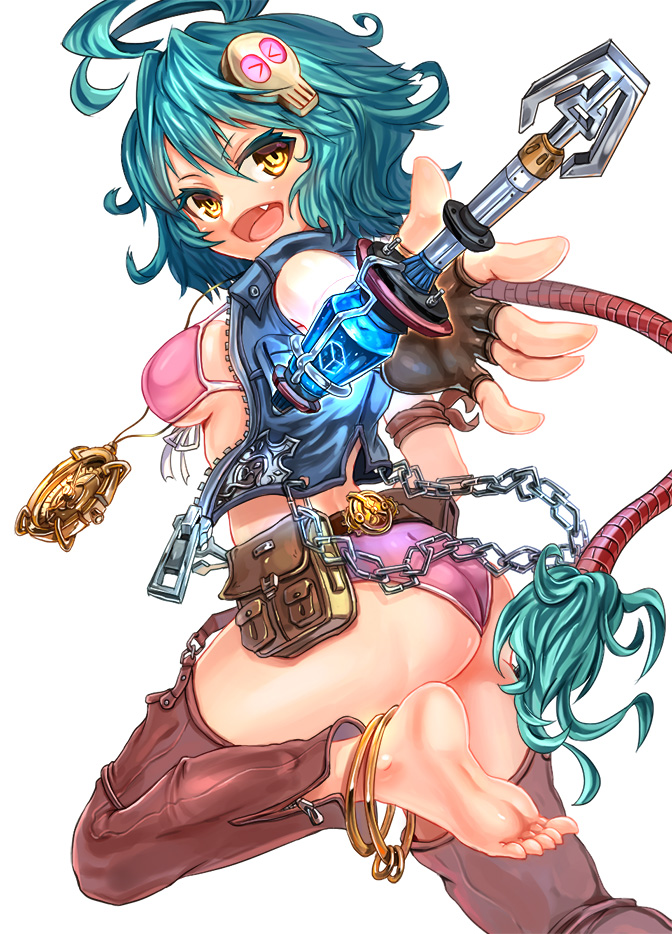 anklet ass bad_id bad_pixiv_id bag barefoot belt bikini blue_hair breasts chain chaps fang feet fingerless_gloves gd._fengzi gloves jewelry long_hair medium_breasts necklace pirates_of_fantasia ponytail satchel sideboob skull soles solo swimsuit tied_hair toes vest yellow_eyes