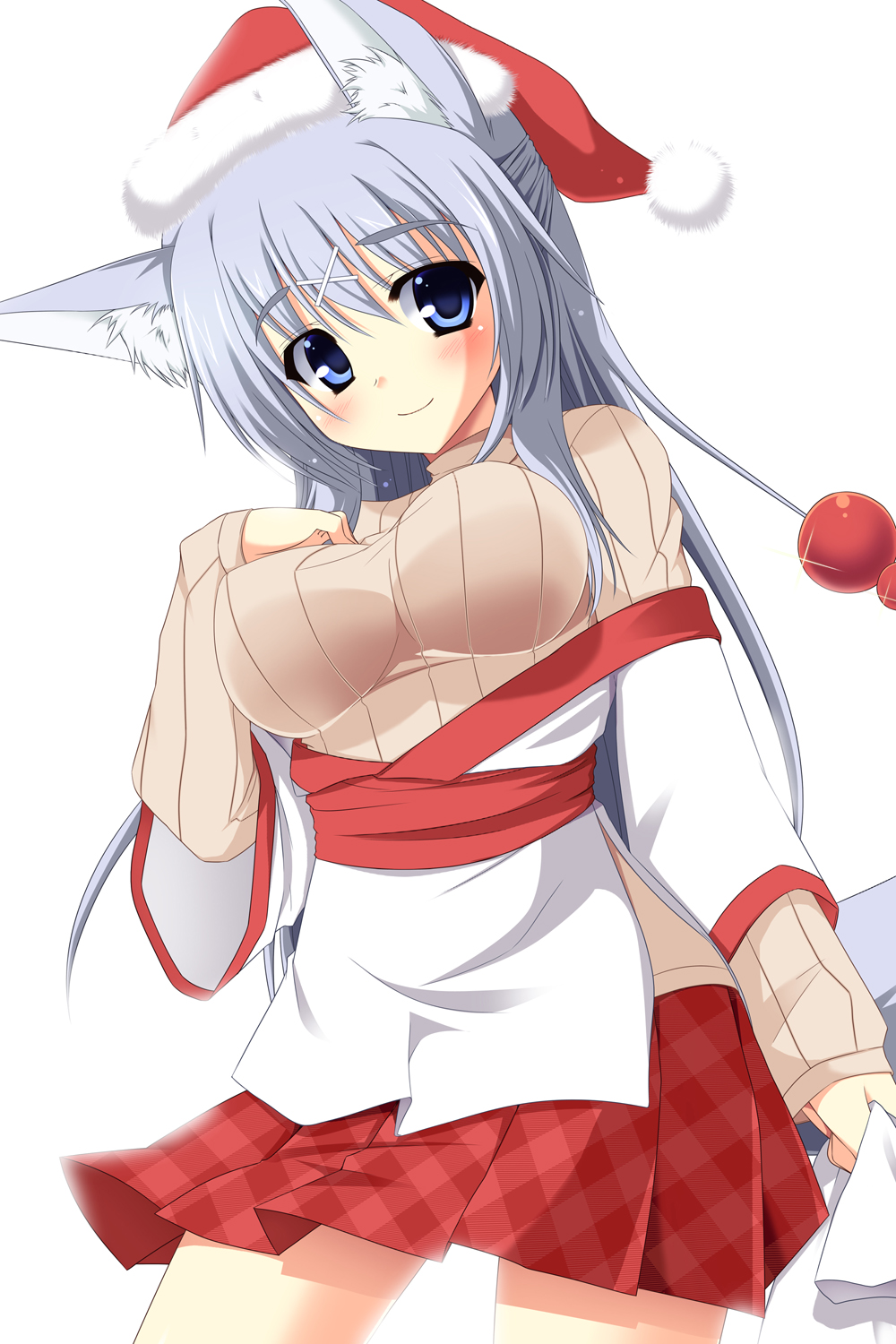 animal_ears bangs blue_eyes blush breasts christmas cowboy_shot fur_trim hair_between_eyes hair_ornament hairclip hand_on_own_chest hat highres holding japanese_clothes kimono large_breasts light_smile long_hair looking_at_viewer miniskirt off_shoulder open_clothes original plaid plaid_skirt pleated_skirt ribbed_sweater sack santa_hat shirasu_youichi shirt short_kimono side_slit silver_hair simple_background skirt smile solo standing sweater tail tatese_tamiko turtleneck very_long_hair white_background wide_sleeves