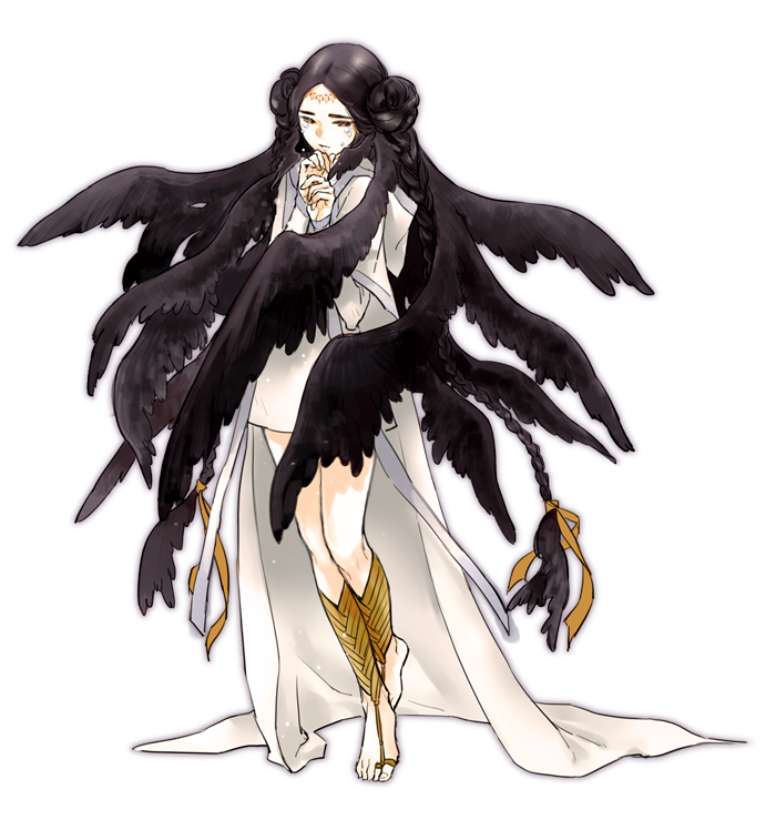 ankle_wrap barefoot barefoot_sandals black_hair black_wings braid circlet crying double_bun dress head_wings jewelry long_hair multiple_wings original robe solo toe_ring transparent_background twin_braids twintails very_long_hair wings yooani