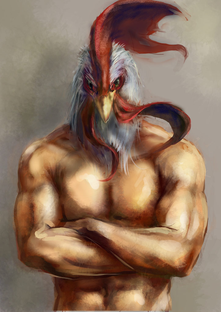 animal_head beak bird chicken crossed_arms jittsu looking_at_viewer male_focus manly muscle navel original realistic rooster shirtless solo upper_body yellow_eyes