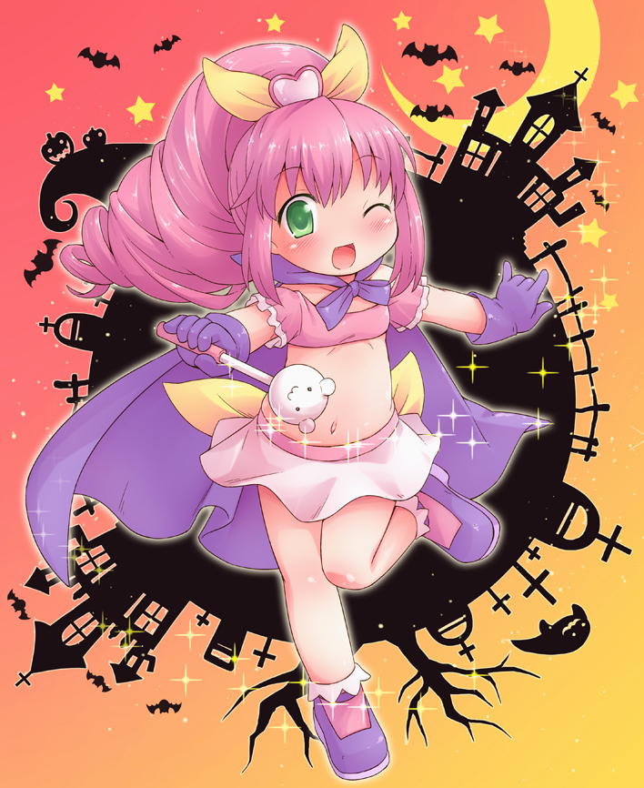 :3 :d bad_id bad_pixiv_id bare_tree bat blush bow cape crescent_moon cross gloves green_eyes hair_bow halloween heart jack-o'-lantern magical_girl midriff miniskirt mizuno_mumomo moon navel one_eye_closed open_mouth pink_hair ponytail pop'n_music purecle_lip shoes skirt smile solo sparkle standing standing_on_one_leg star tree