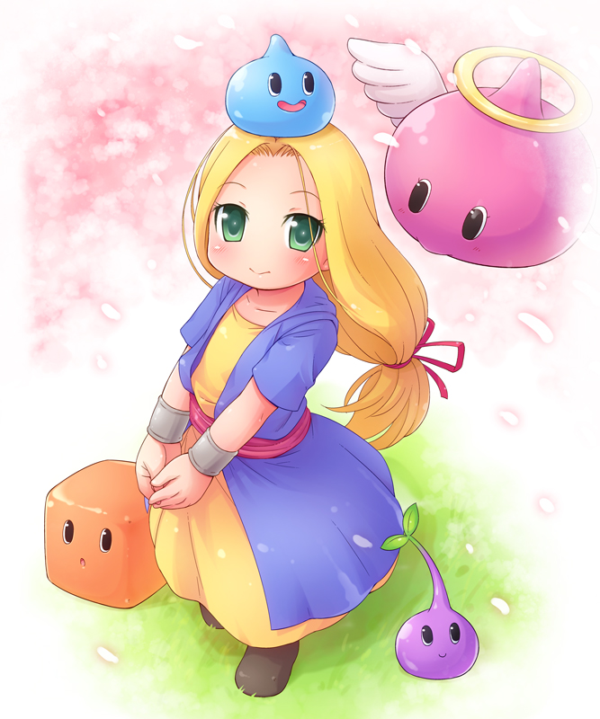 :d :o angel_slime angel_wings bad_id bad_pixiv_id blonde_hair blush boots box_slime bracelet dragon_quest dragon_quest_monsters dragon_quest_monsters:_terry's_wonderland dragon_quest_vi dress flat_chest flying grass green_eyes hair_ribbon halo hands_together jewelry leaf light_smile long_hair looking_at_viewer low-tied_long_hair mireyu mizuno_mumomo no_nose object_on_head open_mouth outdoors own_hands_together petals ponytail ribbon sash slime_(dragon_quest) slime_tree smile v_arms wings