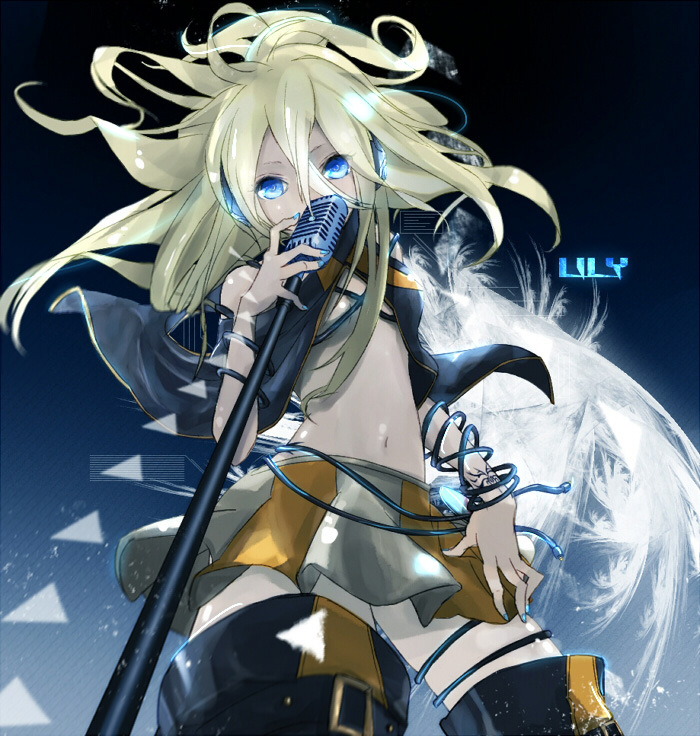 bad_id bad_pixiv_id blonde_hair blue_eyes boots cable capsulemarket88 headphones lily_(vocaloid) long_hair microphone midriff navel skirt solo thigh_boots thighhighs triangle vocaloid