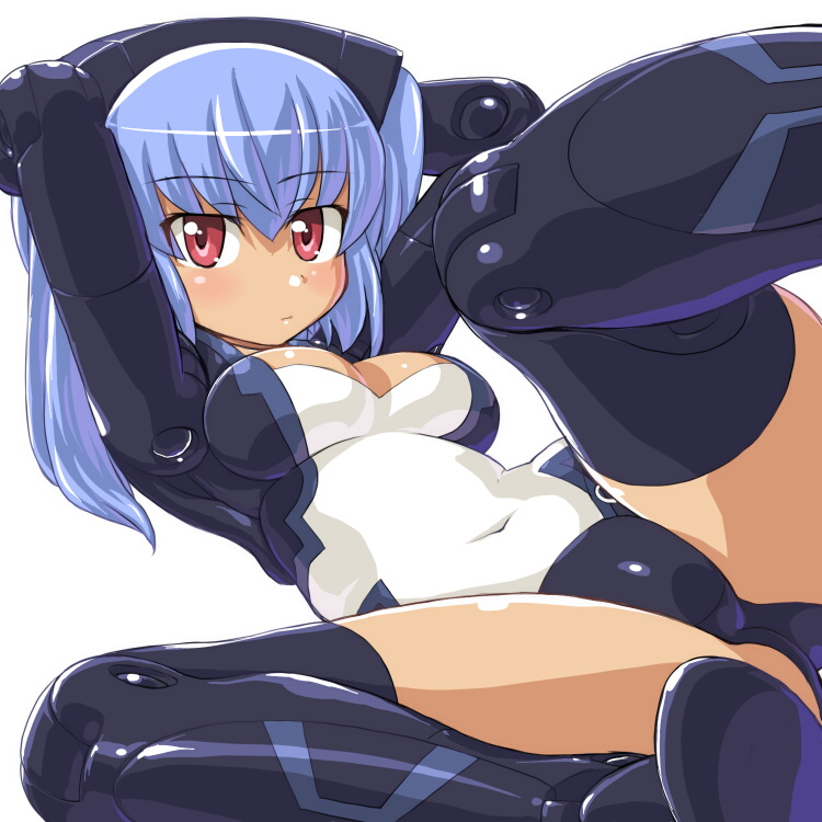 arms_behind_head arms_up bangs black_legwear blue_hair blush boots breasts busou_shinki cleavage cleavage_cutout covered_navel crotch dd_(ijigendd) doll_joints dutch_angle expressionless headgear hips leg_up legs leotard long_hair looking_at_viewer lying medium_breasts on_back red_eyes solo spread_legs strarf strarf_mk2 tan thigh_boots thighhighs thighs twintails