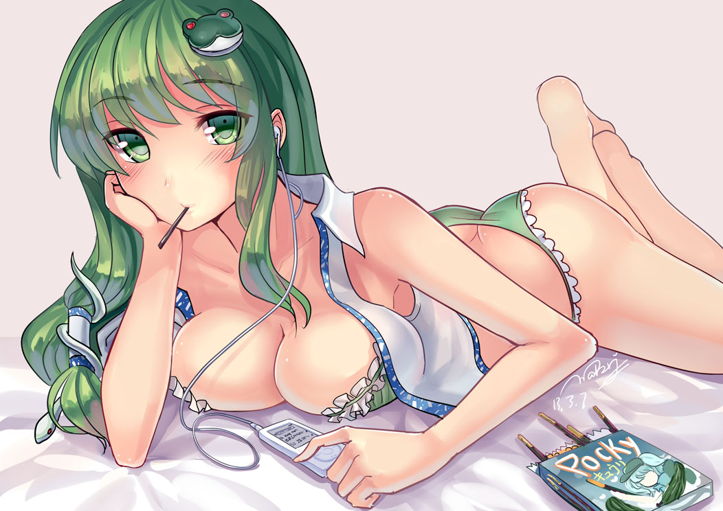 ass bare_shoulders barefoot bed_sheet blush bra breast_press breasts cameo cleavage cucumber dated digital_media_player earbuds earphones eating food frilled_bra frilled_panties frills frog_hair_ornament green_eyes green_hair hair_ornament hair_tubes kawashiro_nitori kochiya_sanae large_breasts long_hair looking_at_viewer lying mouth_hold on_stomach open_clothes panties pocky signature snake_hair_ornament solo touhou underwear walzrj