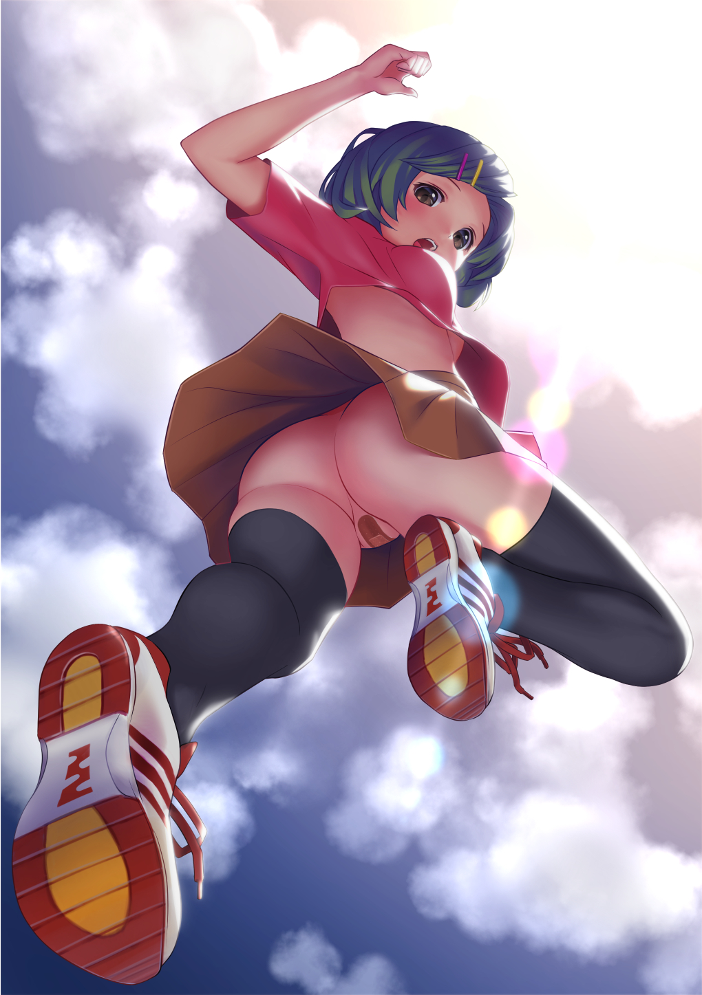 ass bandaid bandaid_on_pussy breasts brown_eyes cloud from_below green_hair hair_ornament hairclip highres medium_breasts no_bra no_panties open_mouth original shoes short_hair skirt sky sneakers solo striped thighhighs underboob upshirt upskirt uz3d