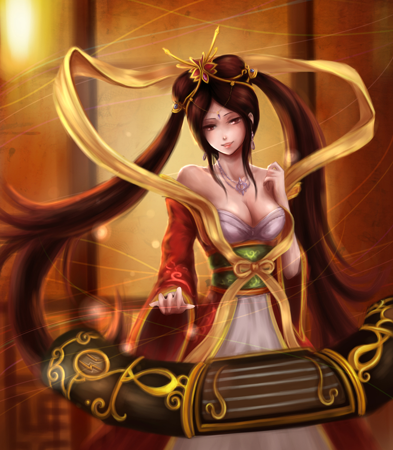 adapted_costume alternate_hair_color alternate_hairstyle bad_id bad_pixiv_id bare_shoulders breasts chinese_clothes cleavage detached_sleeves earrings etwahl guqin_sona hagoromo hair_ornament hanfu instrument jewelry league_of_legends long_hair long_sleeves luvsyung medium_breasts necklace off_shoulder ribbon sash shawl smile solo sona_buvelle tiara twintails very_long_hair