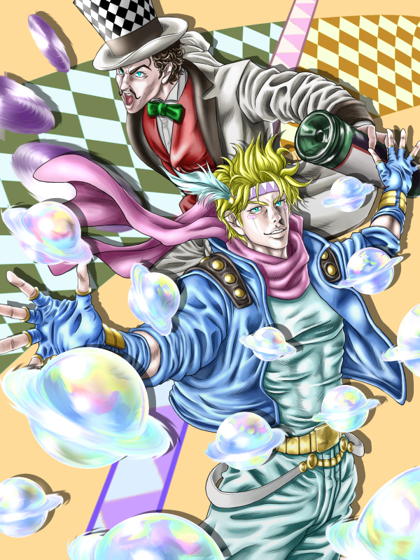 battle_tendency black_hair blonde_hair blue_eyes blue_jacket bolerou01 bottle bubble caesar_anthonio_zeppeli facial_hair facial_mark feathers fingerless_gloves formal gloves grandfather_and_grandson hair_feathers hat headband jacket jojo_no_kimyou_na_bouken multiple_boys mustache phantom_blood scarf suit top_hat will_anthonio_zeppeli