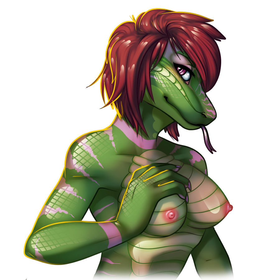 anthro breast_grab breasts bust female fivel forked_tongue green_body green_scales green_skin hair long_tongue looking_at_viewer nipples non-mammal_breasts nude pink_eyes pink_nipples red_hair reptile scalie snake solo tongue tongue_out topless