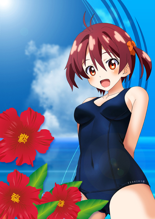 :d bad_id bad_pixiv_id brown_eyes brown_hair isshiki_akane one-piece_swimsuit open_mouth school_swimsuit short_hair short_twintails smile swimsuit twintails vividred_operation wanco