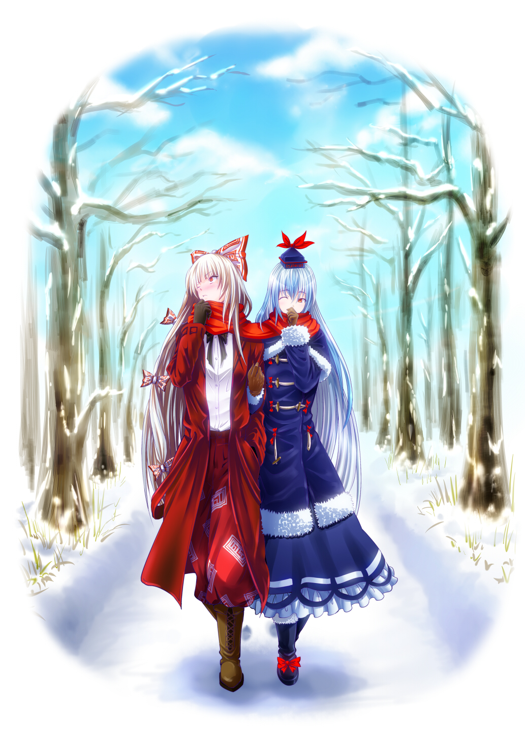 adapted_costume blue_sky blush boots bow capelet cloud coat couple day fujiwara_no_mokou gloves hair_bow hand_to_own_mouth hat highres hijikawa_arashi kamishirasawa_keine locked_arms long_hair long_sleeves looking_away multiple_girls one_eye_closed open_clothes open_coat pants red_eyes scarf shared_scarf shirt silver_hair sky snow touhou tree very_long_hair walking winter winter_clothes yuri