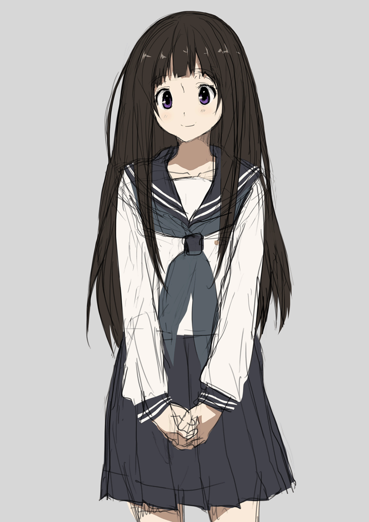 bad_id bad_pixiv_id black_hair chitanda_eru hyouka kaimuari long_hair purple_eyes school_uniform serafuku sketch skirt solo