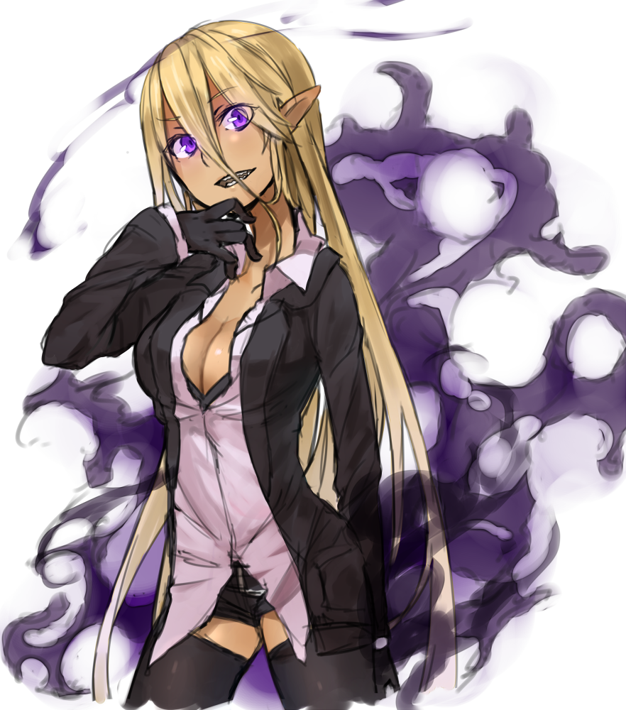 :d blonde_hair breasts character_request cleavage collarbone contrapposto ganesagi gloves glowing glowing_eyes large_breasts long_hair long_sleeves looking_at_viewer open_mouth original pointy_ears purple_eyes sharp_teeth smile solo standing teeth thighhighs zettai_ryouiki