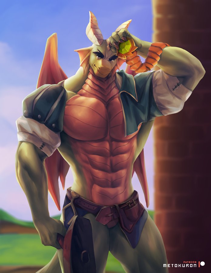 abs anthro belt clothed clothing dragon eyebrows flexing frill gem green_scales hammer holding_object horn jewelry looking_at_viewer male metokuron mostly_nude muscular muscular_male necklace nestor_(spyro) outside partially_clothed pecs presenting scales simple_background smile solo spyro_reignited_trilogy spyro_the_dragon standing tools video_games wings