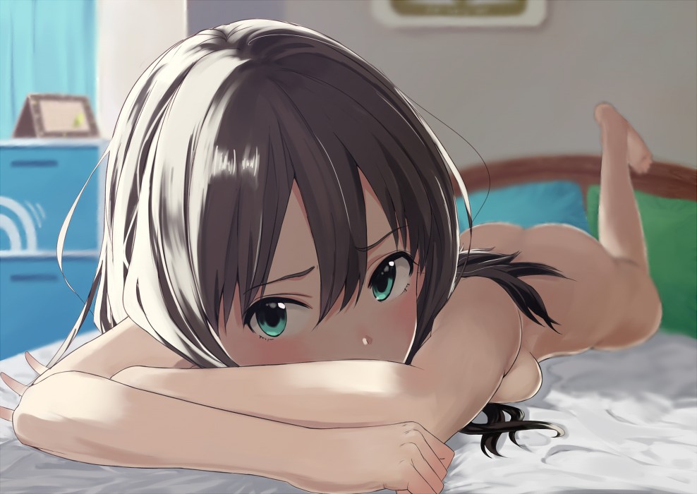 ass barefoot bed bedroom blue_eyes blurry blush breasts brown_hair depth_of_field hangaku_(araara0616) idolmaster idolmaster_cinderella_girls indoors looking_at_viewer lying medium_breasts nude on_stomach shibuya_rin sideboob solo