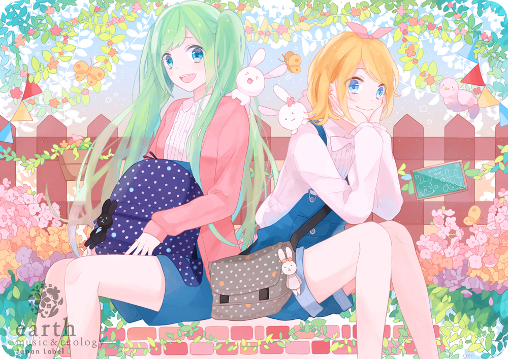 bad_id bad_pixiv_id bag bird blonde_hair blue_eyes bug bunny butterfly chin_rest gomi_chiri green_hair hatsune_miku insect kagamine_rin long_hair multiple_girls open_mouth petals shorts sitting smile twintails vocaloid