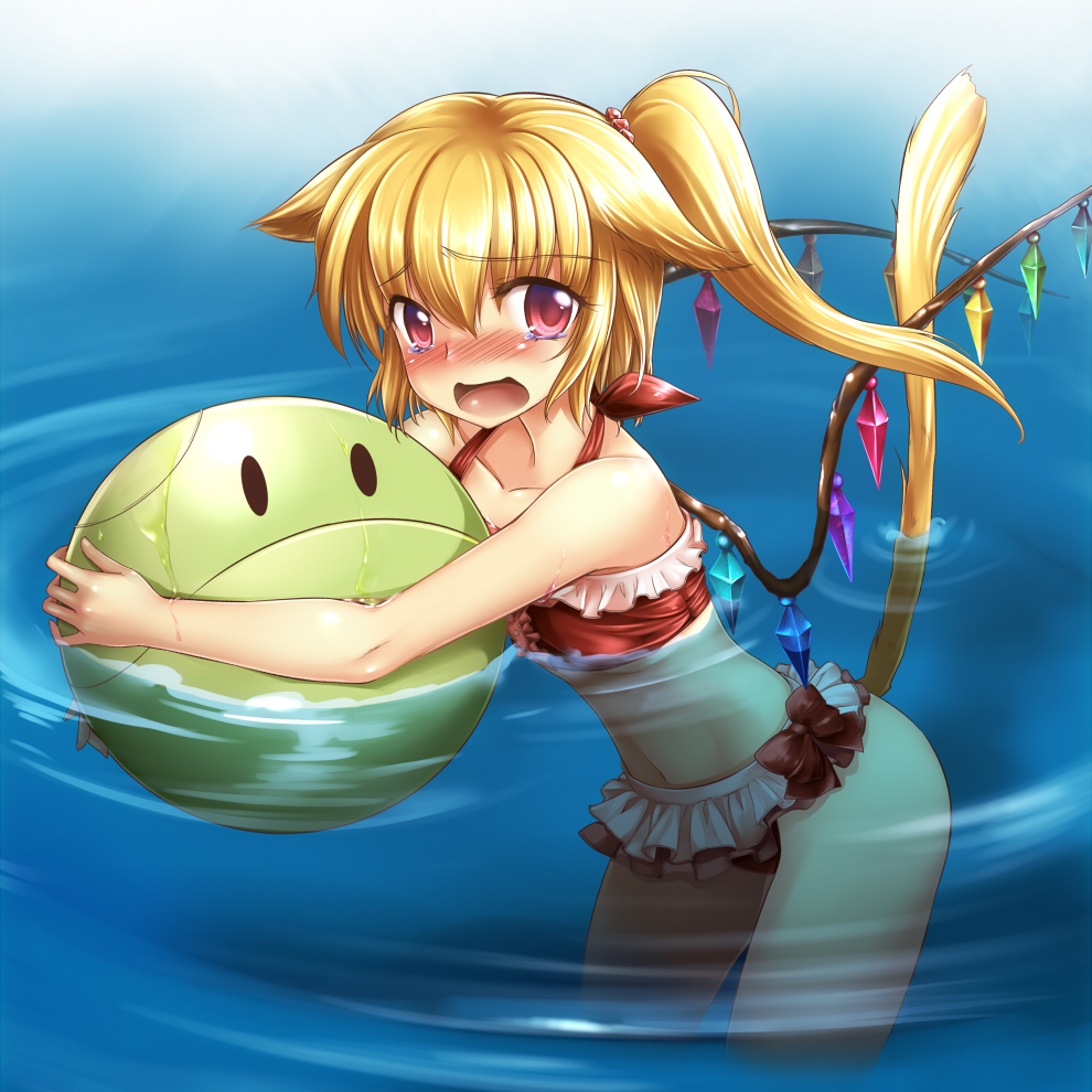 animal_ears ball bare_shoulders beachball bikini blonde_hair blush cat_ears cat_tail collarbone flandre_scarlet gundam hair_bobbles hair_ornament haro kemonomimi_mode narumizg no_hat no_headwear open_mouth partially_submerged red_eyes side_ponytail solo swimsuit tail touhou water wings