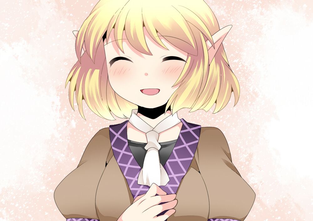 :d ^_^ bad_id bad_pixiv_id blonde_hair blush closed_eyes commentary hammer_(sunset_beach) hand_on_own_chest happy mizuhashi_parsee open_mouth pointy_ears shawl shirt short_hair smile solo touhou upper_body vest