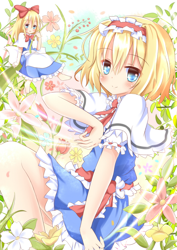 alice_margatroid apron barefoot blonde_hair blue_dress blue_eyes blush bow capelet dress flower hair_bow hairband long_hair looking_at_viewer puffy_sleeves puppet_strings sash shanghai_doll short_hair short_sleeves sitting sitting_on_object smile solo touhou umi_suzume waist_apron