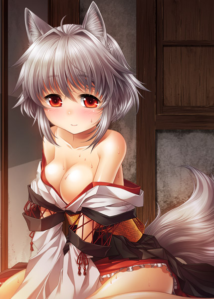 ahoge animal_ears blush breasts cleavage grey_hair inubashiri_momiji kei_kei large_breasts looking_at_viewer off_shoulder red_eyes short_hair sitting smile solo sweat tail touhou wolf_ears wolf_tail