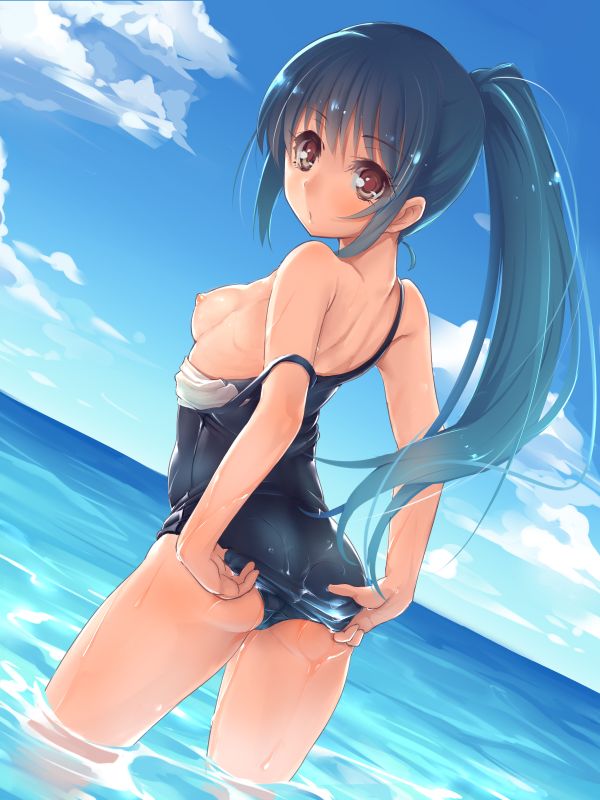 adjusting_clothes adjusting_swimsuit ass bare_shoulders blue_hair blush breasts brown_eyes dutch_angle long_hair looking_back meganekko_kurabu nipples off_shoulder one-piece_swimsuit original ponytail school_swimsuit small_breasts solo strap_slip swimsuit swimsuit_pull wading water wet