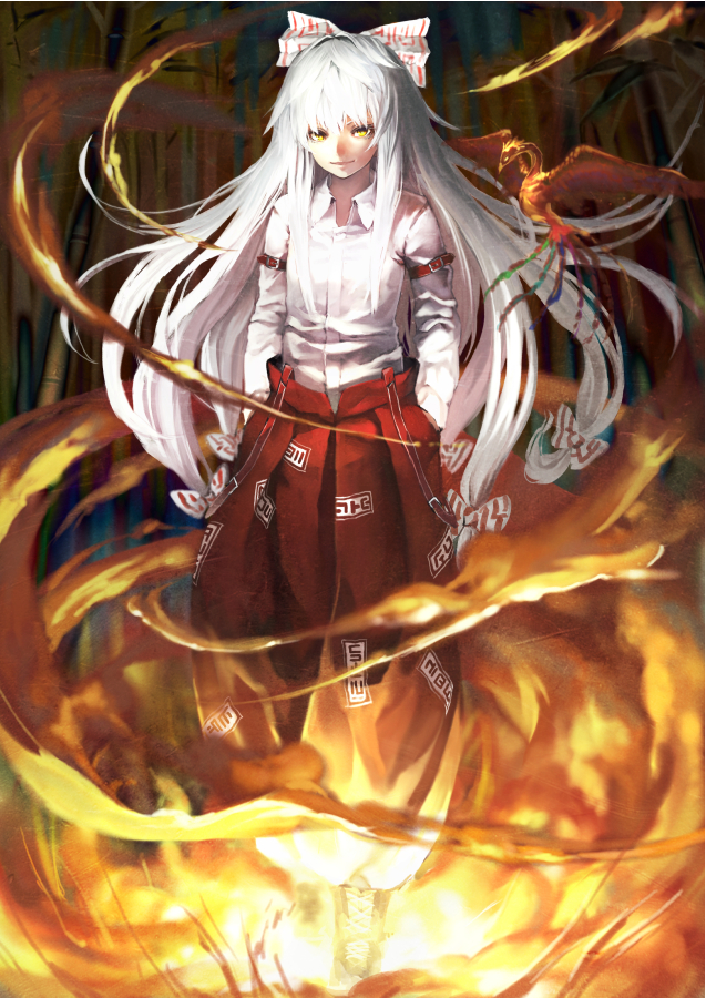 bamboo benitama bird bow fire fujiwara_no_mokou hair_bow long_hair looking_at_viewer ofuda phoenix smile solo suspenders touhou white_hair yellow_eyes