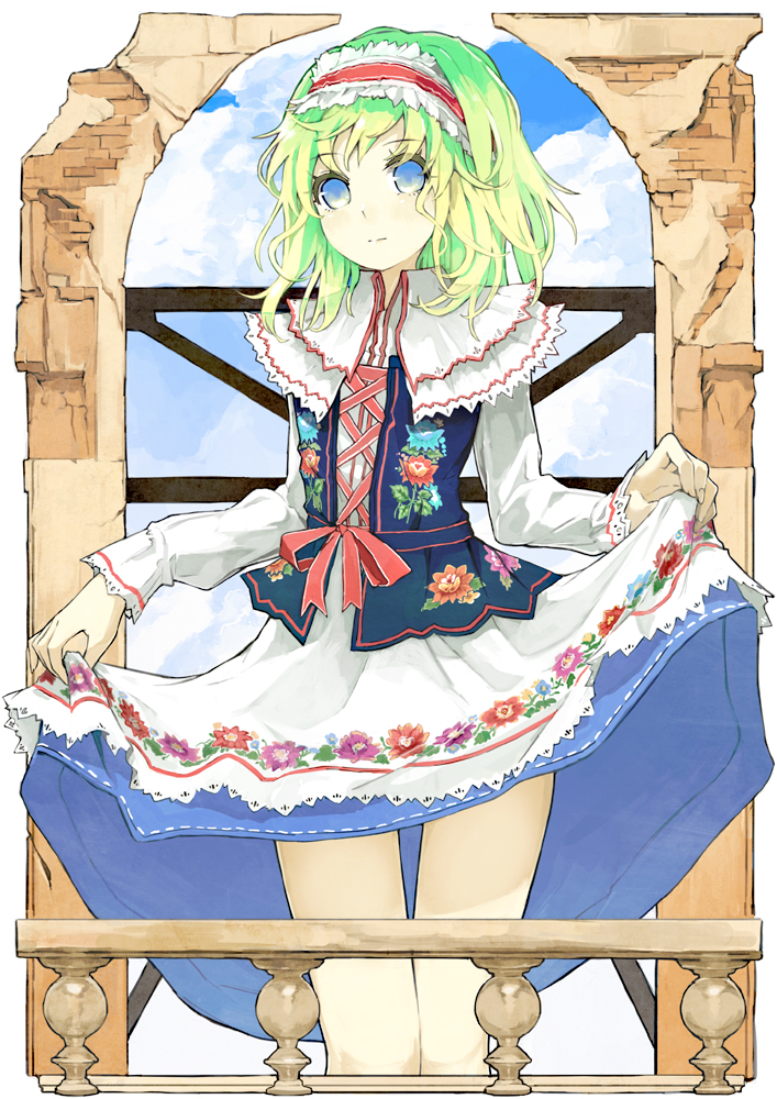 alice_margatroid alternate_costume alternate_hair_color ashuho blue_eyes blue_sky cloud day dress european_clothes flower gradient_hair headband long_sleeves looking_at_viewer multicolored_hair poland polish_clothes railing ribbon ruins skirt skirt_lift sky solo touhou vest