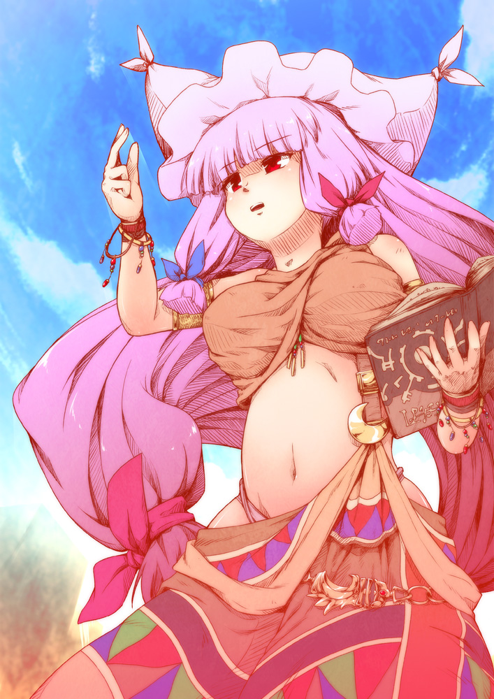alternate_costume book bracelet breasts crescent from_below futatsuki_hisame hair_ribbon hat jewelry long_hair medium_breasts midriff navel patchouli_knowledge purple_hair red_eyes ribbon skirt solo touhou tribal