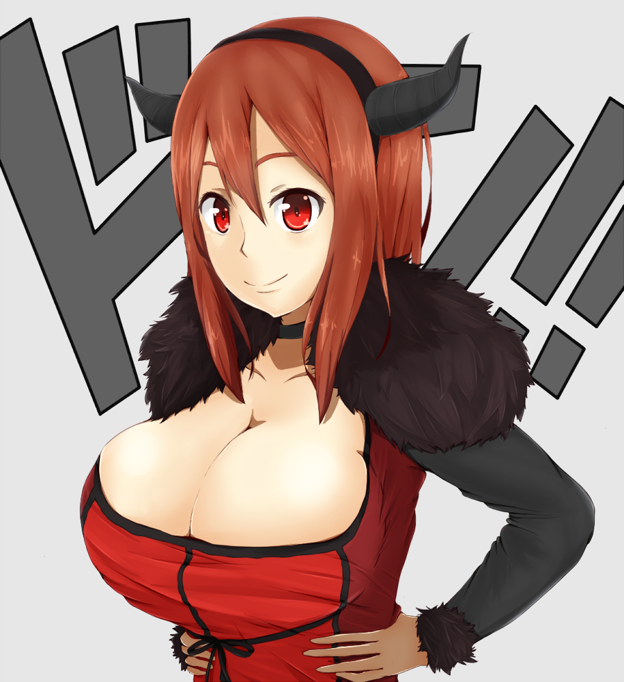 breasts brown_hair choker cleavage fake_horns fur_trim hamantis huge_breasts long_hair maou_(maoyuu) maoyuu_maou_yuusha smile solo