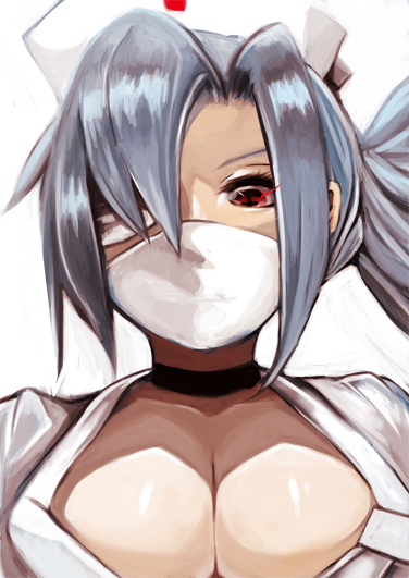 blue_hair breasts choker cleavage eyepatch hair_over_one_eye hat large_breasts mask nurse nurse_cap red_eyes side_ponytail skullgirls solo surgical_mask toi_(toiot) upper_body valentine_(skullgirls)
