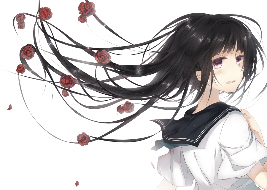 bad_id bad_pixiv_id black_hair chitanda_eru floating_hair flower hyouka kazutake_hazano long_hair looking_at_viewer red_eyes rose school_uniform serafuku solo