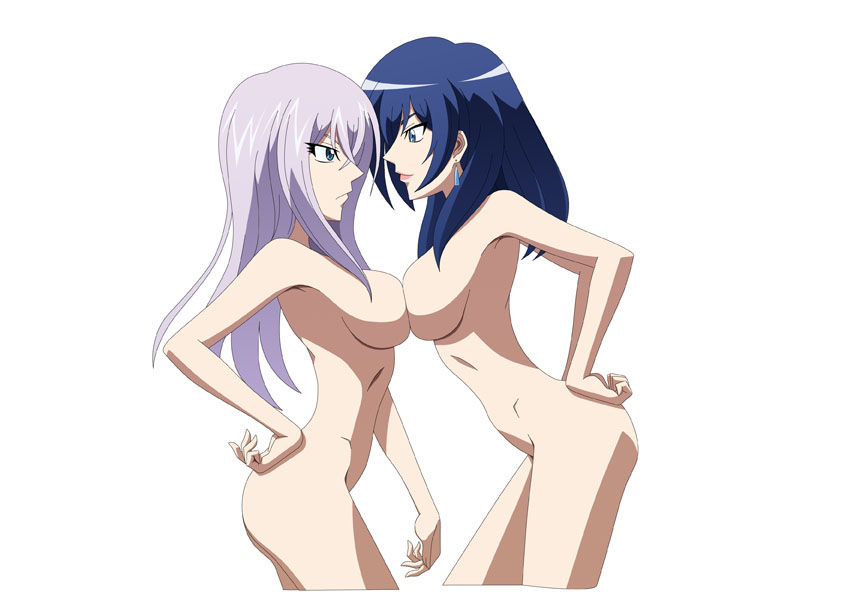 2girls angry arm armpits arms artist_request ass bare_shoulders blue_eyes blue_hair breast_press breasts cardfight!!_vanguard earrings eye_contact female hand_behind hand_on_hip jewelry large_breasts legs lipstick long_hair looking_at_another makeup multiple_girls narumi_asaka naughty_face nude serious sideboob silver_hair smile symmetrical_docking tokura_misaki white_hair yuri