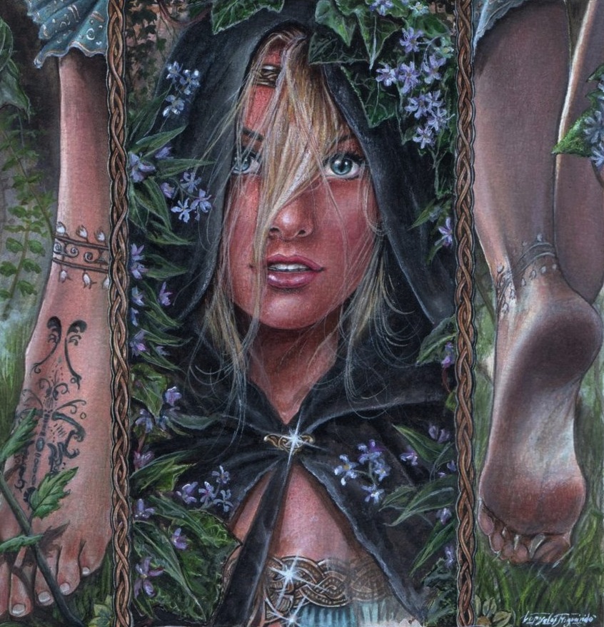 artist_request barefoot blonde_hair blue_eyes brooch cape celtic circlet copyright_request dirty_feet dress feet flower grass hood jewelry looking_at_viewer nature non-web_source parted_lips realistic smile soles source_request tattoo toenails toes traditional_media