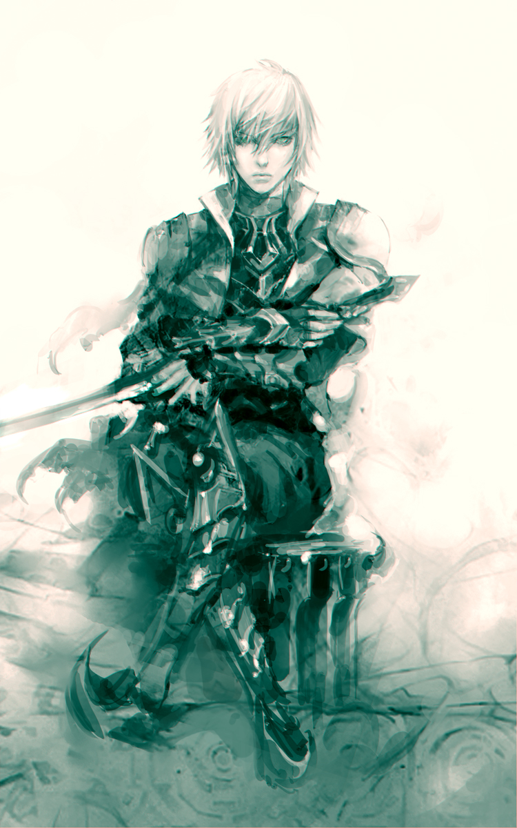 1boy armor highres male male_focus mirage_noir monochrome sitting solo sword vesper vesper_(mirage_noir) weapon white_hair