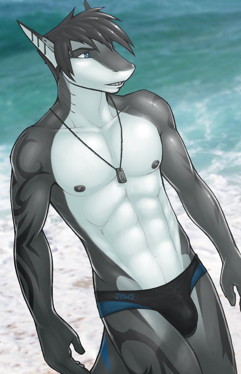 2013 abs anthro biceps bulge cetacean clothed clothing dog_tags dolphin ear_piercing fin fish gills hair half-dressed hybrid male marine muscles nipple_piercing nipples pecs piercing riptide riptideshark shark solo speedo standing strype tattoo topless underwear