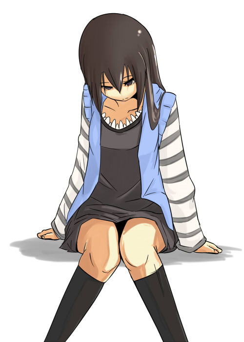 1girl arm_support artist_request black_eyes black_hair black_legwear casual empty_eyes hypnosis kneehighs legs long_hair long_sleeves mind_control shirt simple_background sitting skindentation solo striped white_background