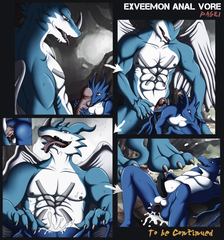 absorption_vore anal_penetration anal_vore anthro anus biceps big_muscles blue_skin body_markings butt comic digimon dragon exveemon gay hindquarters male markings muscles open_mouth penetration penis prey rectum reptile scalie size_difference smile struggling sweat tan_(artist) tongue tongue_out vorarephilia wings
