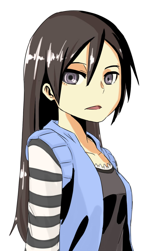 1girl artist_request artist_requests black_eyes black_hair bust character_request female haigyo long_hair looking_at_viewer parted_lips shirt simple_background sleeveless sleeveless_shirt solo striped upper_body vest white_background