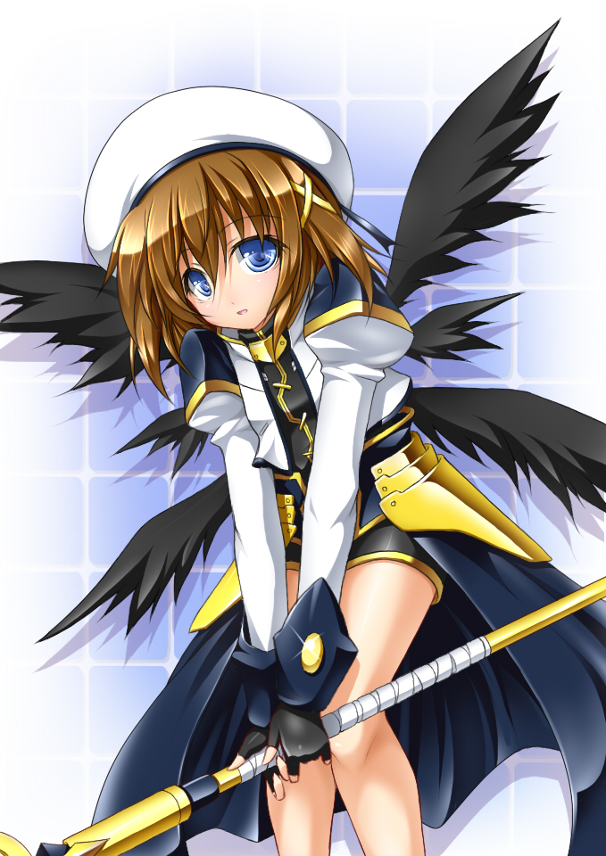 armor blue_eyes brown_hair fingerless_gloves gloves hair_ornament hat long_sleeves lyrical_nanoha magical_girl mahou_shoujo_lyrical_nanoha mahou_shoujo_lyrical_nanoha_a's multiple_wings puffy_sleeves roura schwertkreuz short_hair skirt solo wings x_hair_ornament yagami_hayate