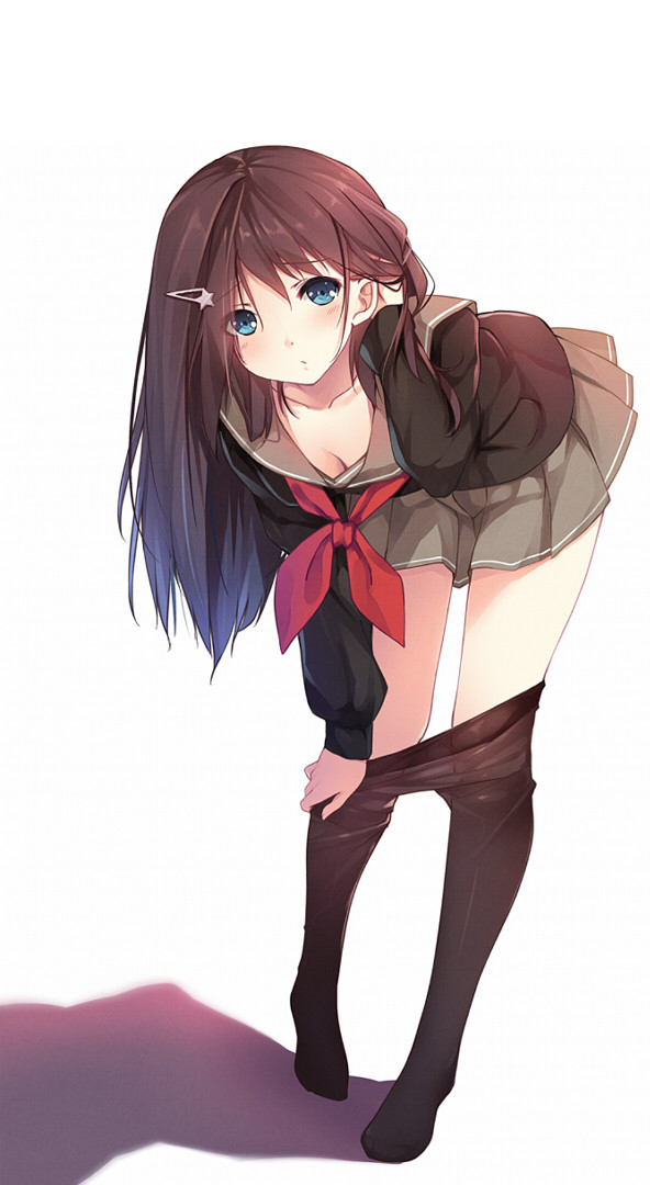 bent_over blue_eyes breasts caidychen cleavage full_body hair_ornament hair_tucking hairpin long_hair medium_breasts original pantyhose pantyhose_pull school_uniform skirt solo