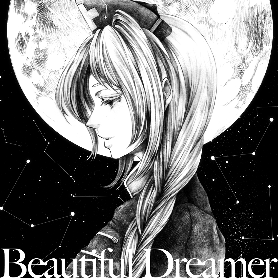 braid constellation english full_moon greyscale hat kyachi long_hair monochrome moon profile solo star_(sky) touhou upper_body yagokoro_eirin